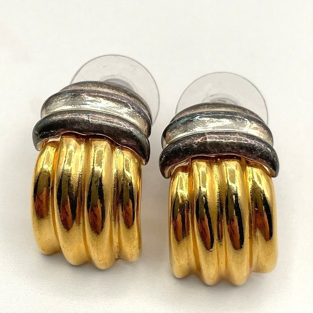 Vintage Two-Tone Ribbed Clip-On Earrings Gold & Silver Tone Chunky Hoop Style